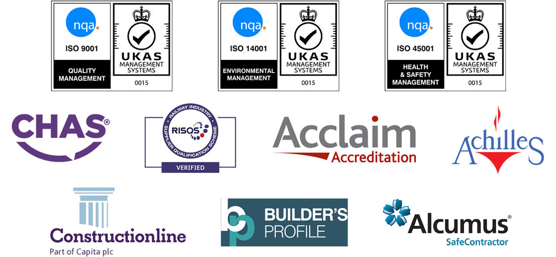 ISO 9001, ISO 14001, ISO 45001, CHAS, RISQS, Acclaim Accreditation, Achilles, Constructionline, Builder’s Profile