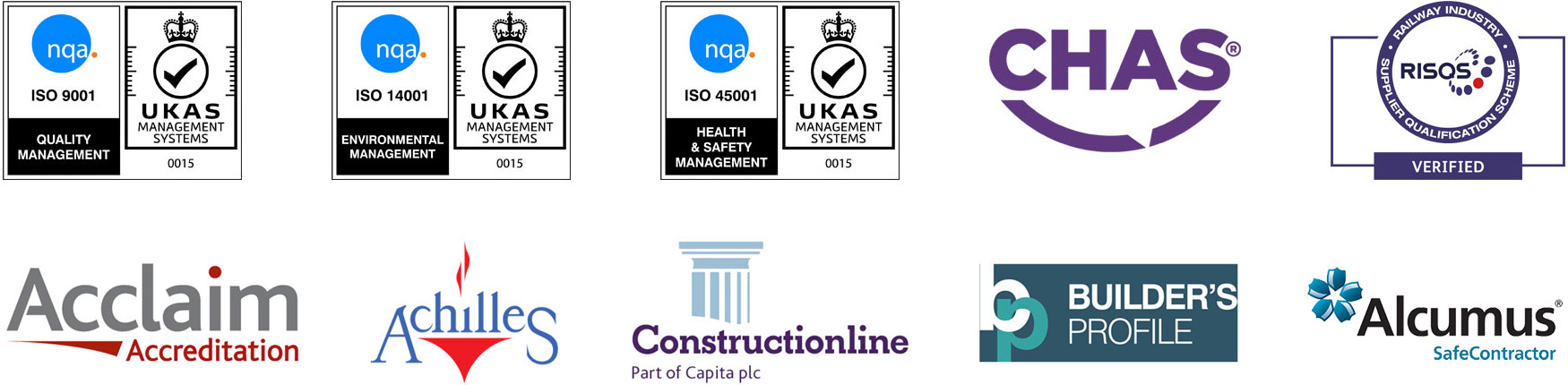 ISO 9001, ISO 14001, ISO 45001, CHAS, RISQS, Acclaim Accreditation, Achilles, Constructionline, Builder’s Profile, Alcumus Safe Contractor